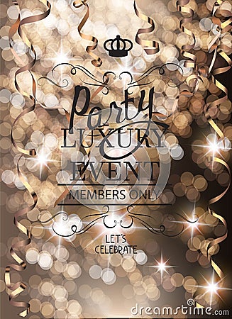 VIP party invitation card with defocuced lights on the background and curly serpentine. Vector Illustration