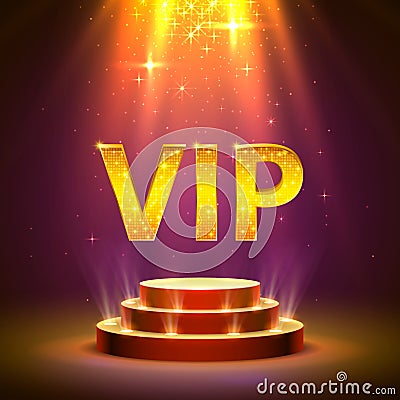 Vip podium with lighting, Stage Podium Scene with for Award Ceremony on red Background. Vector Illustration