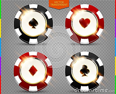 VIP poker black and red chip vector collection. Casino spades, hearts, phillips, diamonds suit set isolated on transparent Vector Illustration