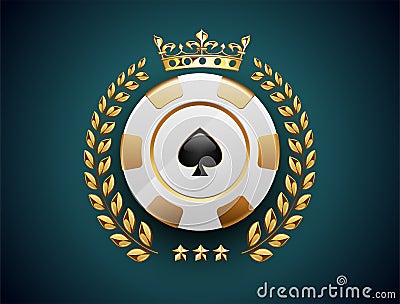 VIP poker luxury white and golden chip vector casino logo concept. Royal poker club emblem with crown, laurel wreath and spade on Vector Illustration