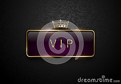 Vip royal purple label with golden frame and crown on black floral pattern background. Dark premium template. Vector illustration. Vector Illustration