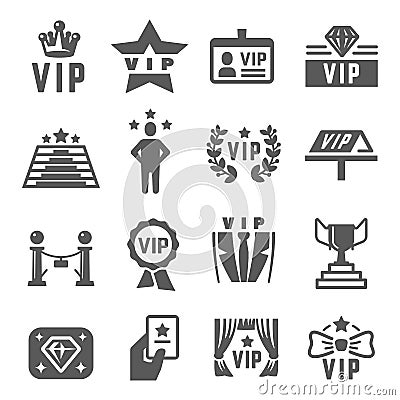 VIP with star, rosette, crown black silhouette icons set isolated on white. Premium membership, club. Vector Illustration