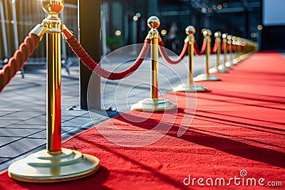 Concept Event VIP treatment at events Red carpet surrounded by golden barriers and ropes Stock Photo