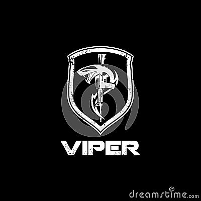 Viper snake with rifle and shield vector badge logo template Vector Illustration