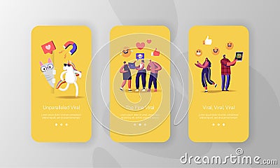 Viral Content Mobile App Page Onboard Screen Template. Teenager Characters Watching Funny Video Clip Vector Illustration