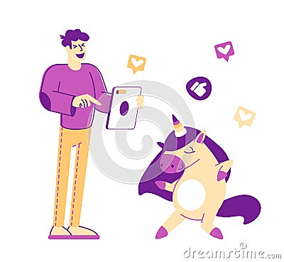 Viral Content Streaming, Spread and Share in Internet Concept. Male User Character Watching Funny Video Online Vector Illustration