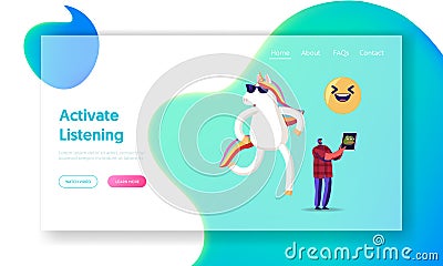 Viral Content Streaming, Spread and Share in Internet Landing Page Template. Male User Character Watching Video Online Vector Illustration