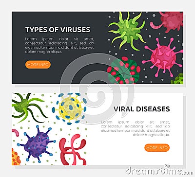 Viral diseases web banners set. Types of viruses, bacteriological microorganisms homepage vector illustration Vector Illustration