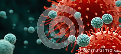 Viral Infection Concept, 3D Render of Viruses Attacking Cellular Hosts, Immunology Stock Photo