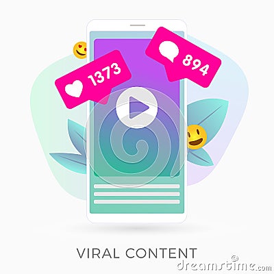 Viral marketing content - vertical video on the smartphone screen that collected hundreds of likes and comments with smiling emoji Vector Illustration