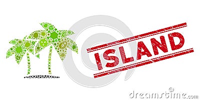 Viral Mosaic Island Palms Icon and Textured Island Stamp with Lines Vector Illustration