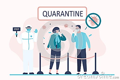 Viral quarantine concept. Sick masked people. Characters sneeze and cough. Virus covid-19 Vector Illustration