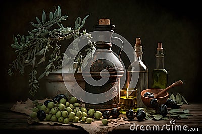 Virgin extra olive oil in vintage bottles and olives on table, still life, generative AI Stock Photo