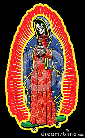 Virgin of Guadalupe on a skateboard. The Virgin Skeleton Mary Vector Poster Illustration. Vector Illustration