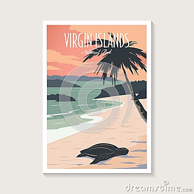 Virgin Islands National Park poster illustration, Beautiful turtle and beach scenery poste Vector Illustration