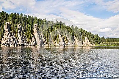 Virgin Komi forests, scenic cliffs on the taiga river Shchugor. Stock Photo