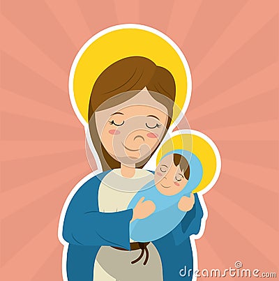 Virgin mary holding baby jesus catholicism saint symbol image Vector Illustration