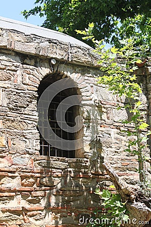 Virgin Mary's House. Window detail. Ancient greek architecture. SelÃ§uk, Turkey. Stock Photo