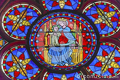 Virgin Mary Jesus Stained Glass Notre Dame Paris France Stock Photo