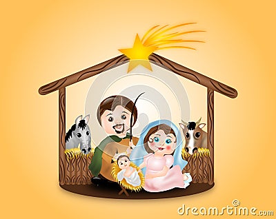 Virgin Mary, St. Joseph and baby Jesus in creche Cartoon Illustration