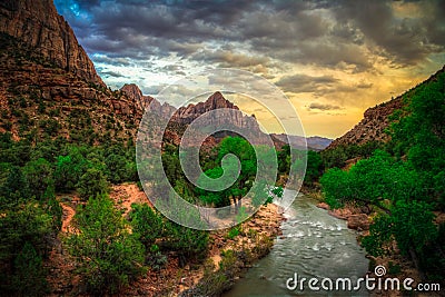Virgin River and The Watchman Sunset, Zion National Park, Utah Stock Photo
