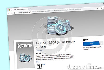 Fortnite purchase page for 2,500 V-Bucks. Editorial Stock Photo