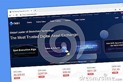 OKEX global leader of blockchain technology and digital asset exchange website homepage Editorial Stock Photo