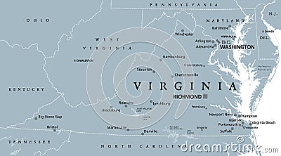 Virginia, VA, gray political map, Old Dominion, Mother of Presidents Vector Illustration