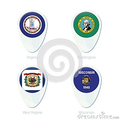 Virginia, Washington, West Virginia, Wisconsin flag location map pin icon Vector Illustration