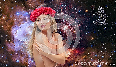 Virgo Zodiac Sign. Astrology and horoscope, Beautiful woman Virgo on the galaxy background Stock Photo