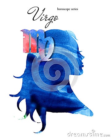 Virgo zodiac sign. Beautiful girl silhouette. Watercolor illustration. Horoscope series Cartoon Illustration