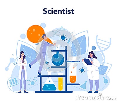 Virologist concept. Scientist studies viruses and bacteria. Laboratory Vector Illustration