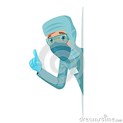 Virologist doctor character protective medical suit peek around the corner cartoon vector design illustration Vector Illustration