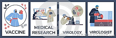 Virologist researching virus on computer, microscope in laboratory, scientists warn of a new vaccine, vector posters set Vector Illustration