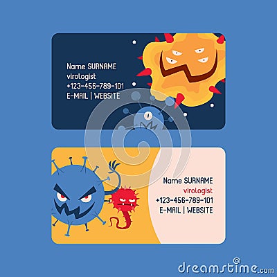 Virologist set of business cards vector illustration. Microbes or collection of cartoon viruses. Bad microorganisms for Vector Illustration