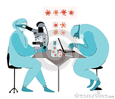 Virologist study viruses with a microscope. Vector Illustration