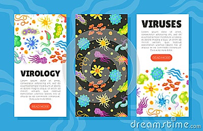 Virology mobile app templates set. Viruses landing page, card, menu, leaflet, flyer with colorful pathogens, cell Vector Illustration