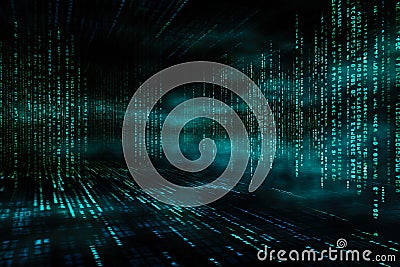 Virtual abstract digital binary code background. Walls made of screen monitors. Big data concept. Stock Photo