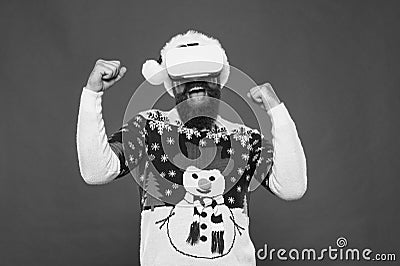 Virtual achievement. Future year. Technologies development. Virtual life. Man celebrate christmas virtual reality device Stock Photo