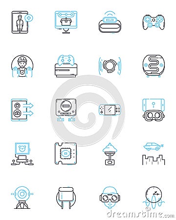 Virtual analytics linear icons set. Analysis, Metrics, Data, Visualization, Insights, Interpretation, Intelligence line Vector Illustration