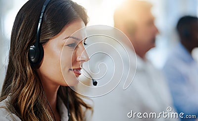 Virtual assistant, contact us or woman in call center consulting, speaking or talking at customer services Stock Photo