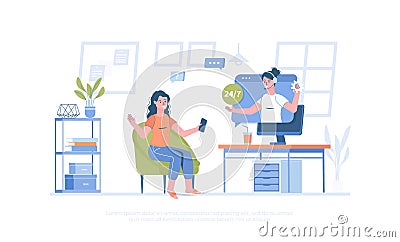 Virtual assistant. Customer support, call center. Operator consults client and answers questions. Vector Illustration