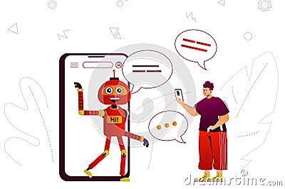 Virtual assistant web concept. Online assistant robot assists user in mobile app. People scene with flat line characters design Vector Illustration