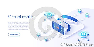 Virtual or augmented reality concept in isometric vector illustration. VR/AR glasses connection to network. Headset technology web Vector Illustration