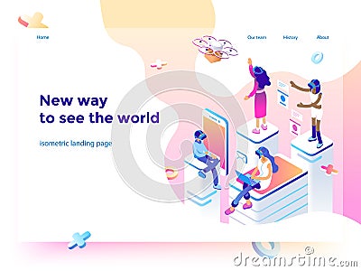 Virtual augmented reality glasses concept with people learning and entertaining. Landing page template. 3d vector Vector Illustration