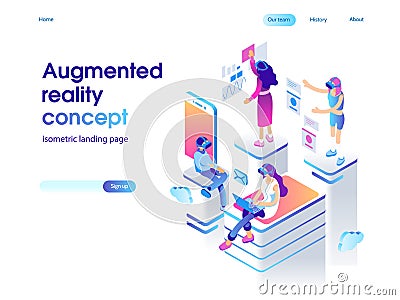 Virtual augmented reality glasses concept with people learning and entertaining. Landing page template. 3d vector Vector Illustration