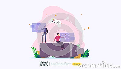 Virtual augmented reality. people character touching VR interface and wearing goggle playing games, education, entertaining, Vector Illustration