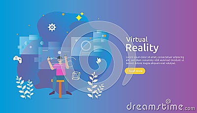 Virtual augmented reality. people character touching VR interface and wearing goggle playing games, education, entertaining, Vector Illustration