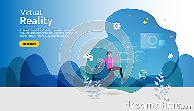 Virtual augmented reality. people character touching VR interface and wearing goggle playing games, education, entertaining, Vector Illustration