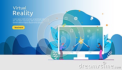 Virtual augmented reality. people character touching VR interface and wearing goggle playing games, education, entertaining, Vector Illustration